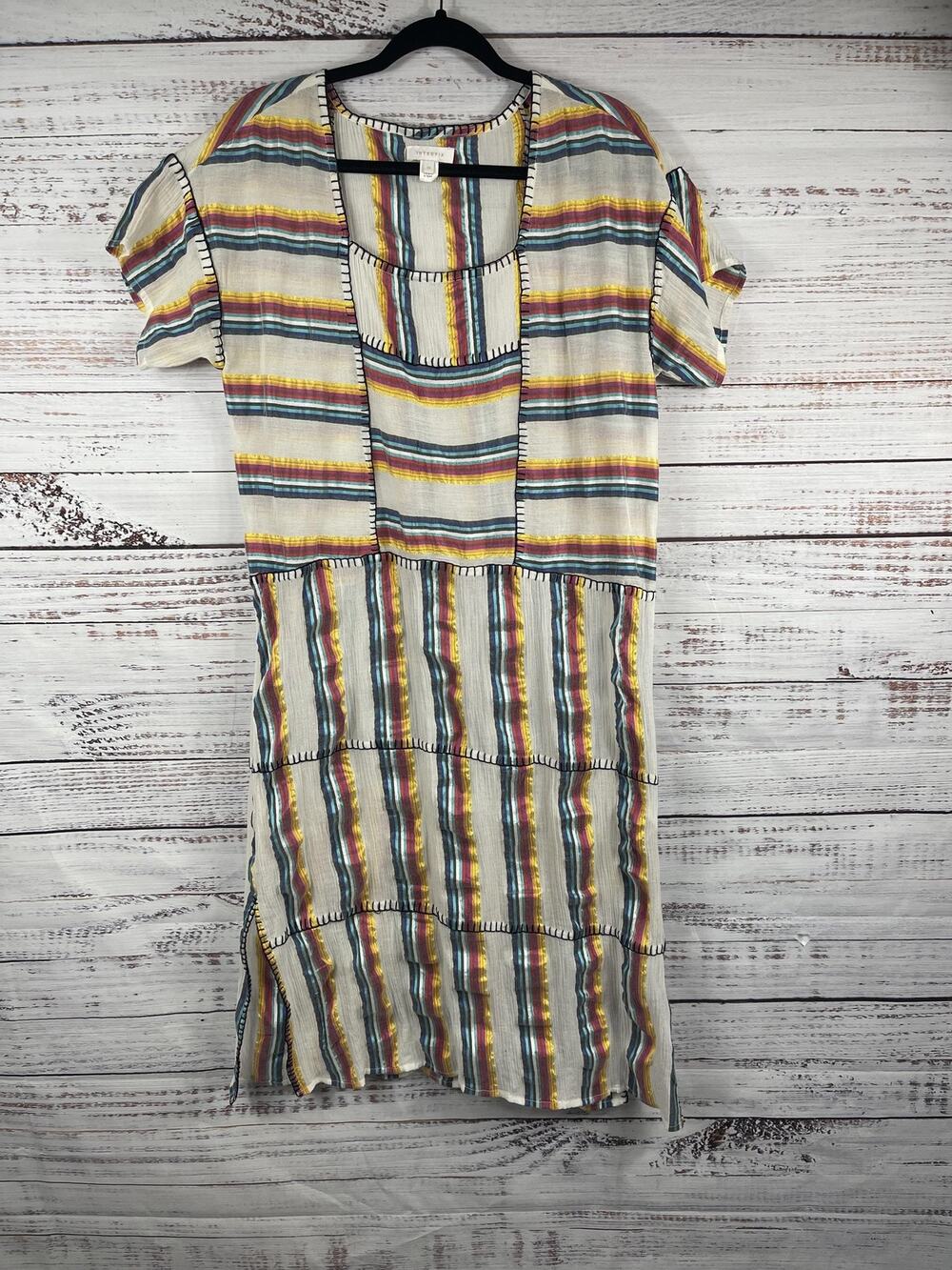 Intropia Dress Women's 40 Size Medium Multi Stripe Boho Tunic Short Sleeve Lined